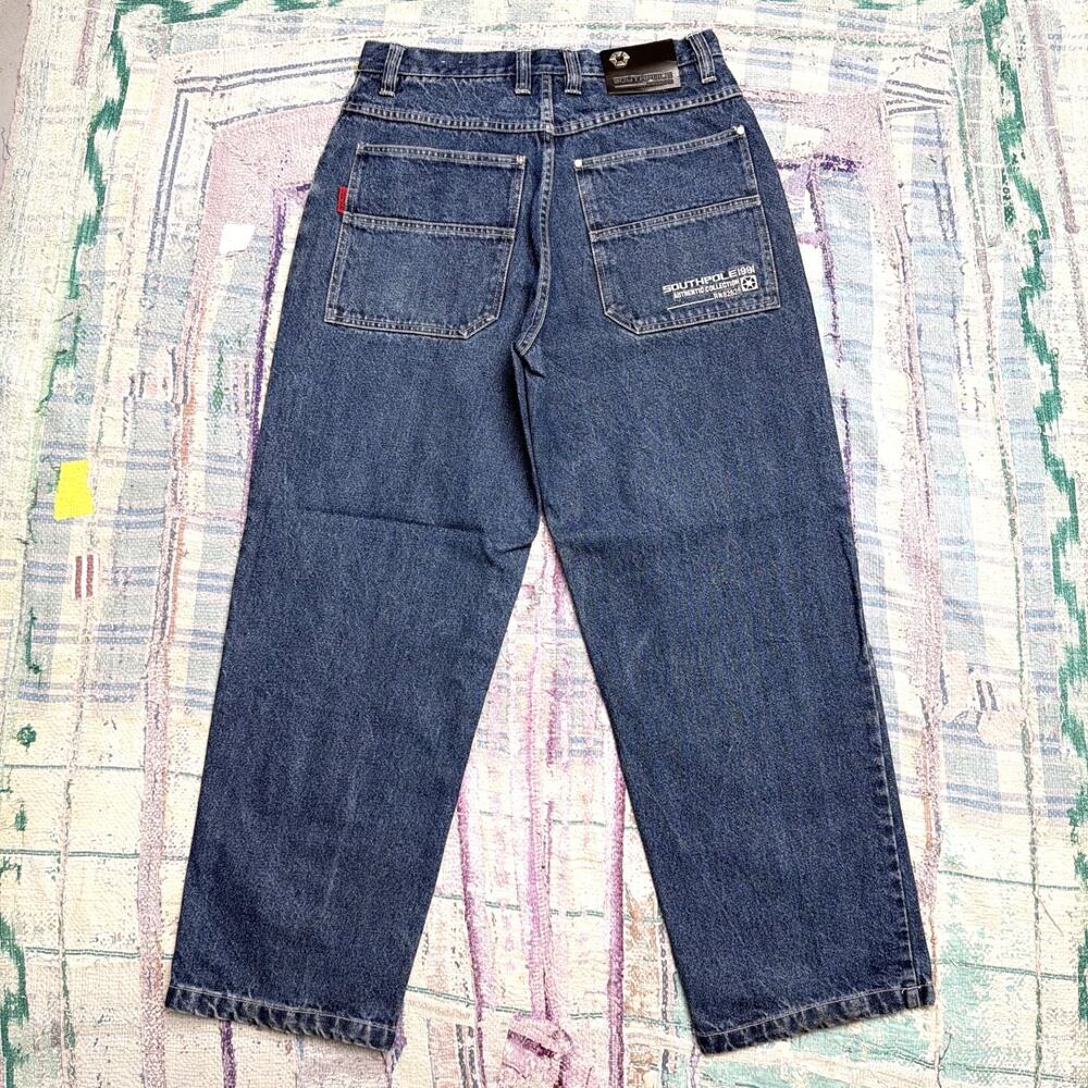 Vintage Y2K SouthPole Jeans Size 31x30 Baggy Wide Leg Pants Blue Embroidered